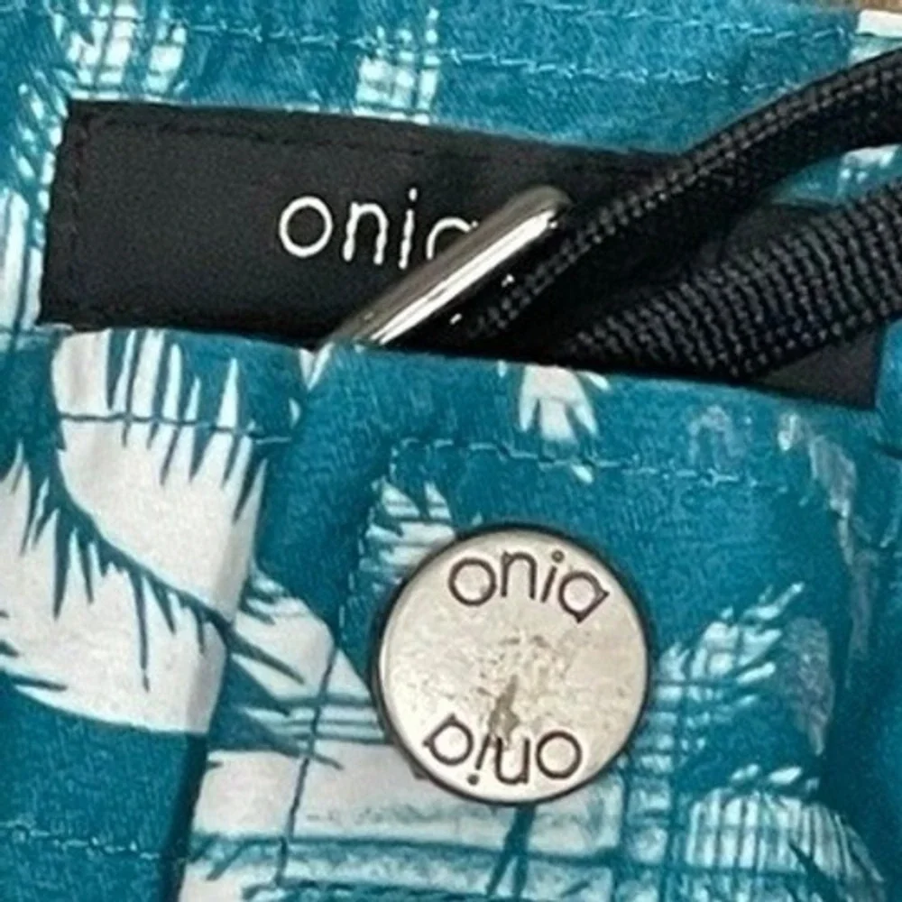 Onia Swim Shorts Mens 36 Teal White Palm Tree Tropical Beach Vacation 8 Inseam